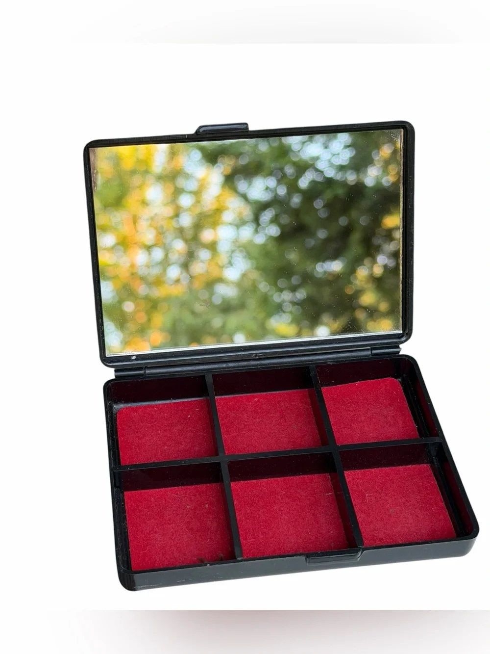 Vintage Hong Kong Black Lacquer Style Floral Jewelry Trinket Box Mirror